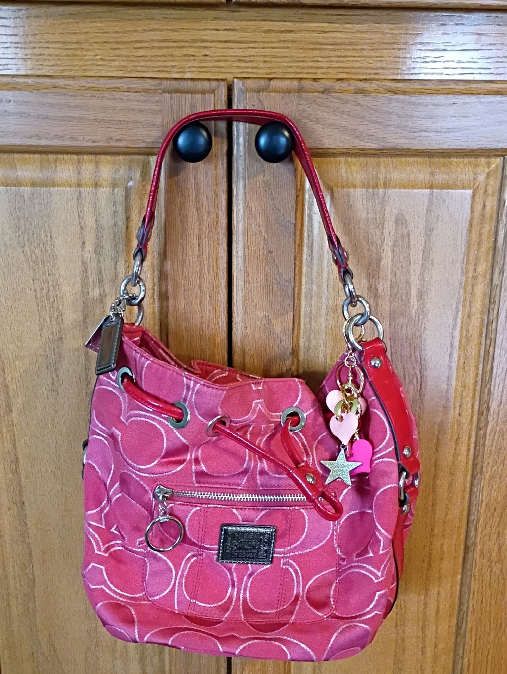 Coach Pink Signature Drawstring Shoulder Bag with Charm